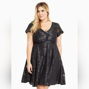 TORRID Black Lurex Floral Print Chiffon Skater Dress 16